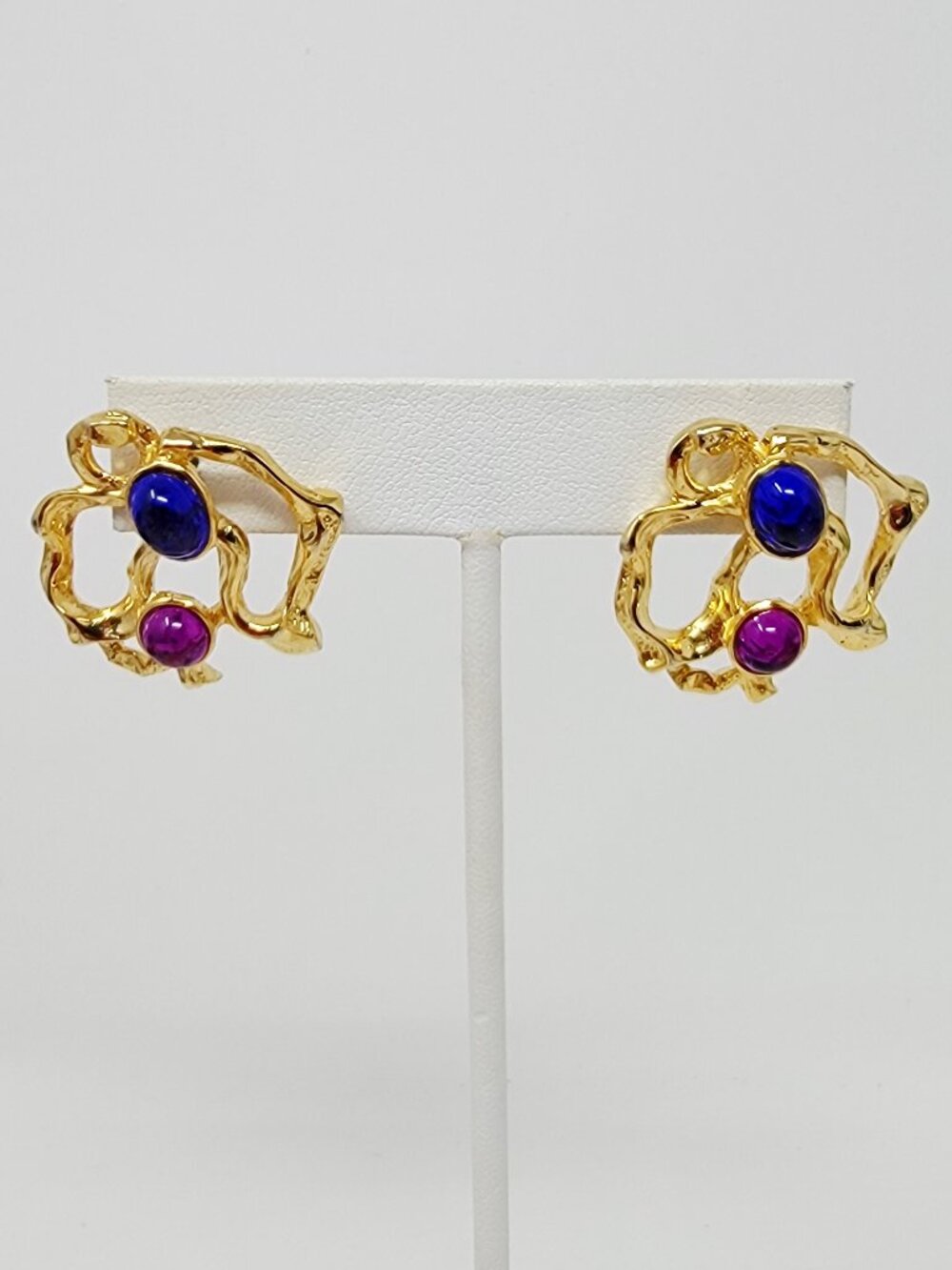 Vintage Abstract Earrings Gold Tone Blue Purple Cabochon Pierced